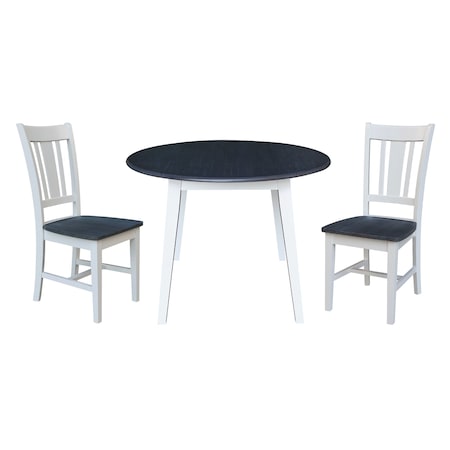 International Concepts 42 in. Solid Wood Round Dual Drop Leaf Dining Table with 2 Chairs in White/Heather Gray K05-42DL-C10-2